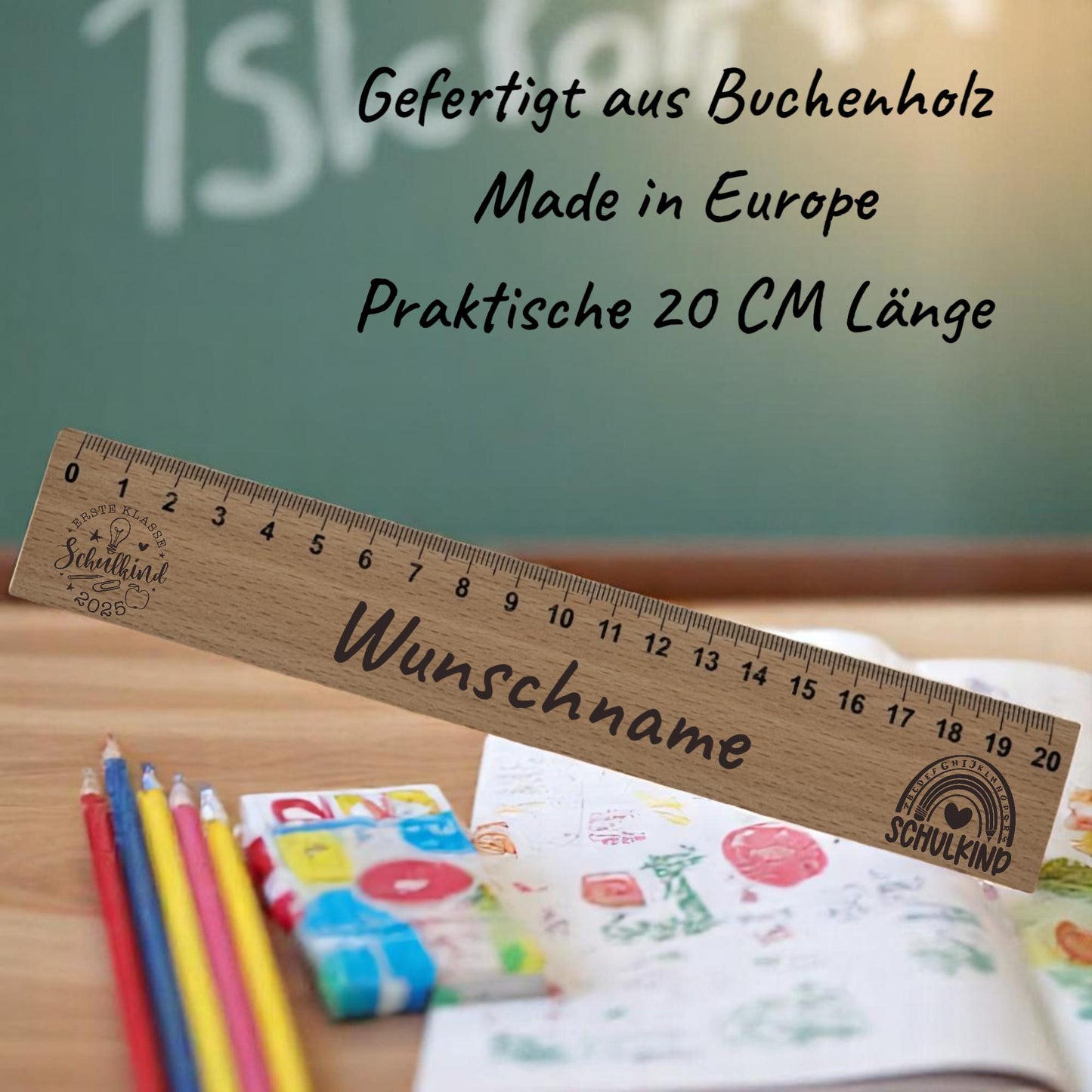 Individuelles Kinderlineal 20 cm aus Buchenholz