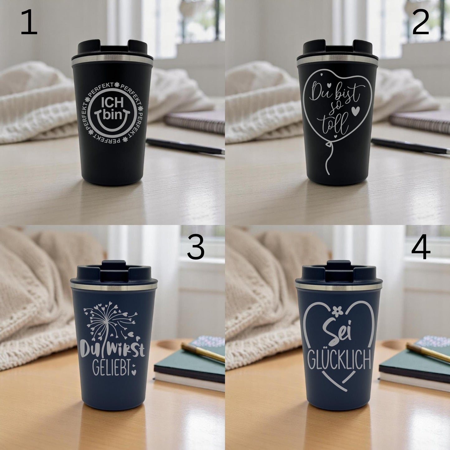 Thermobecher mit Spruch-Gravur aus recyceltem Edelstahl