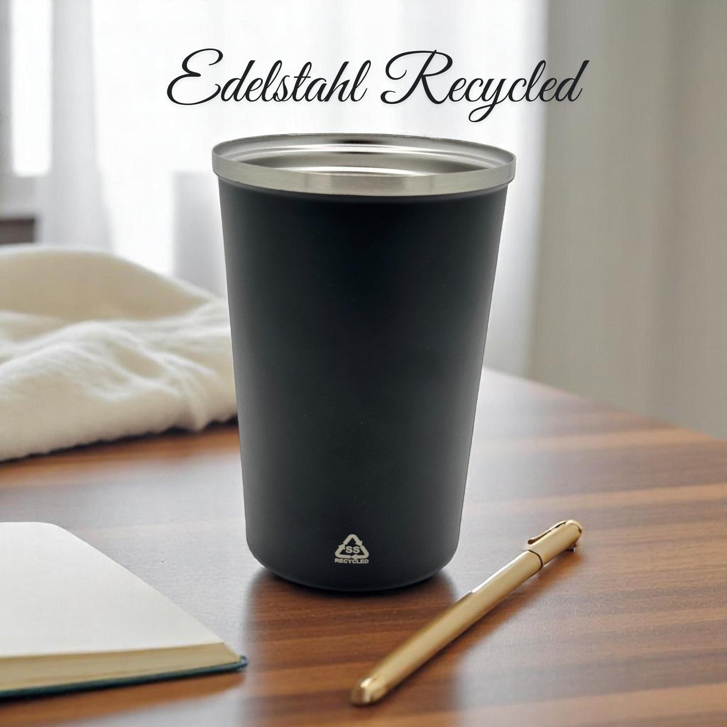 Thermobecher mit Spruch-Gravur aus recyceltem Edelstahl
