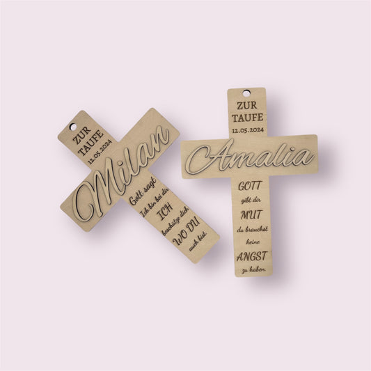 Personalisiertes Taufkreuz aus Holz – Mit Name & Bibelzitat | Geschenk zur Taufe