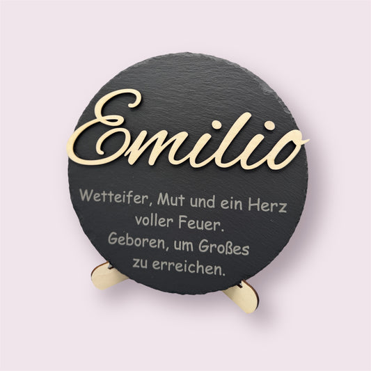 Schieferplatte mit Namensdeutung & Holz-Namen – Personalisiert