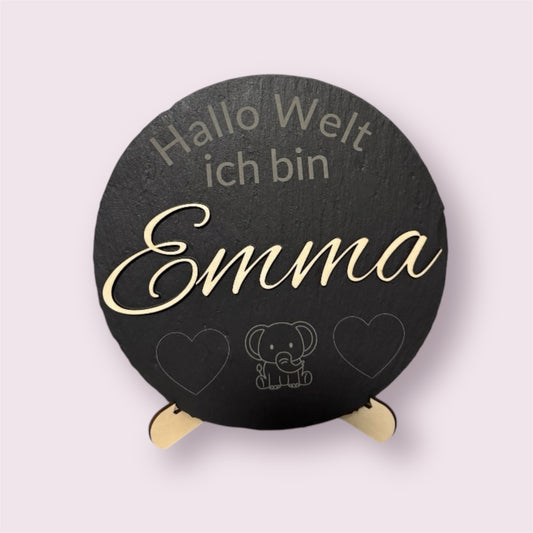 Schieferplatte mit Gravur & Holz-Namensschild Geburtsgeschenk